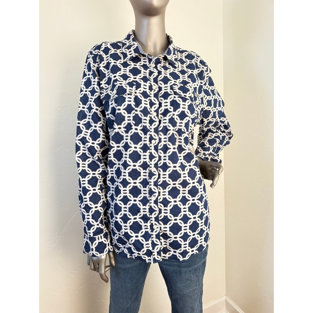 St John's Bay Women's Button Down Chain Print Navy Blue Long Sleeve Blouse XL